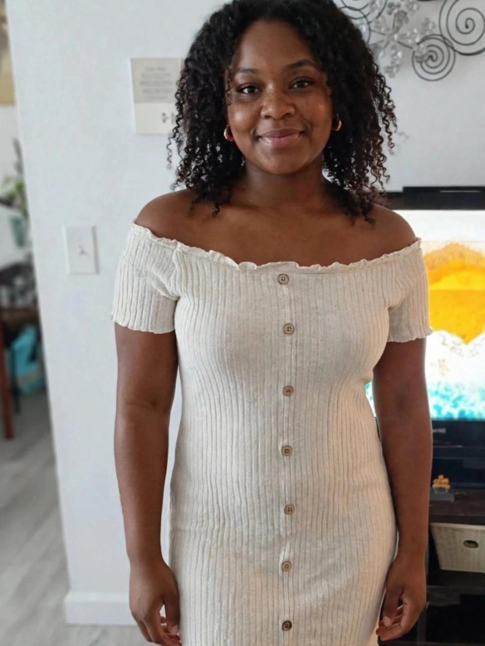 Rue21 Cream Off-the-Shoulder Ribbed Button-Front Sweater Dress